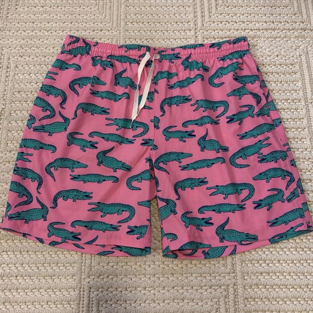 Pink Alligator Print Swim Trunks